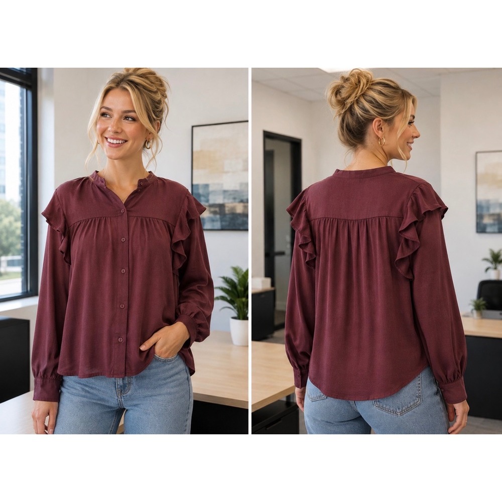 Banana Republic Burgundy Ruffle Shoulder Button Front Blouse Wine Red Medium
